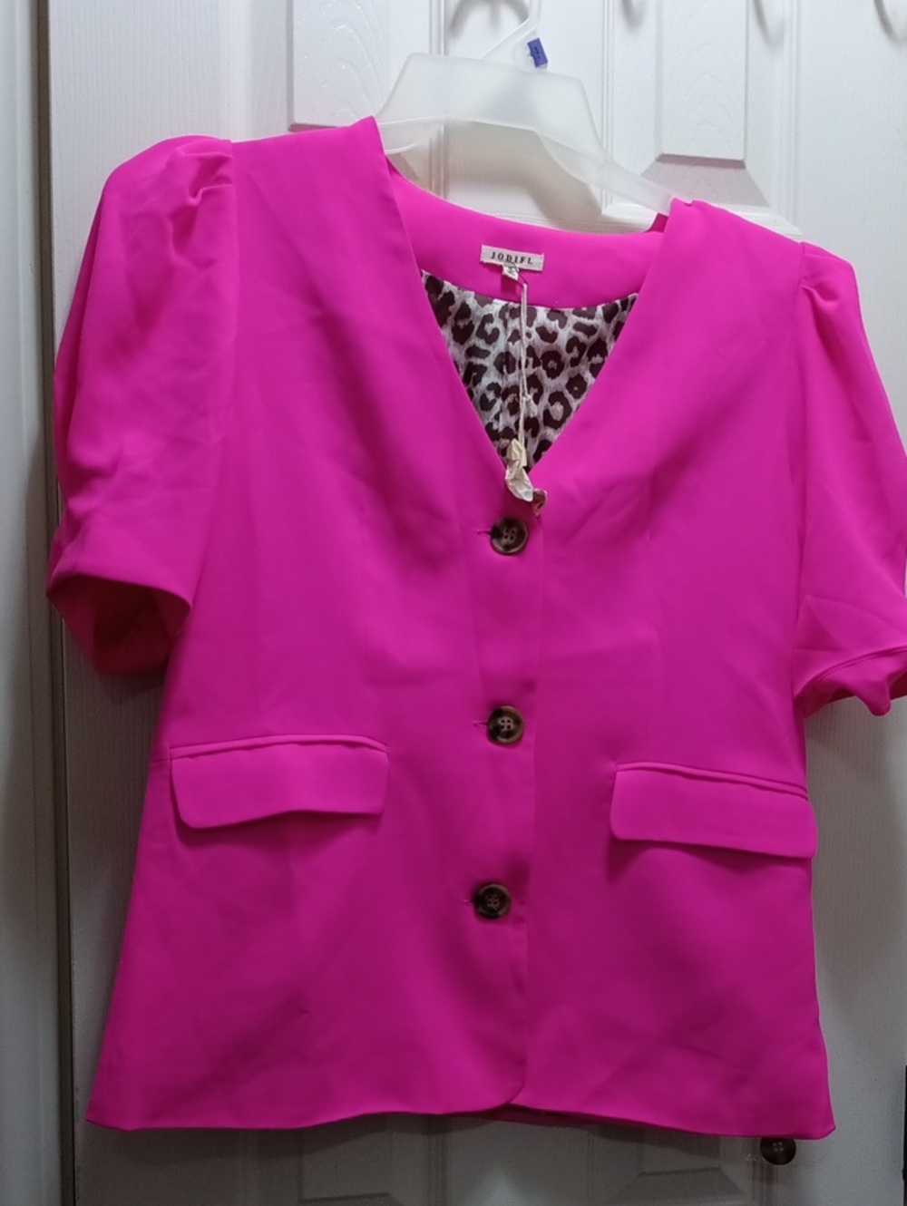 JODIFL Vibrant Hot Pink Short Sleeve Blazer with Leopard Lining